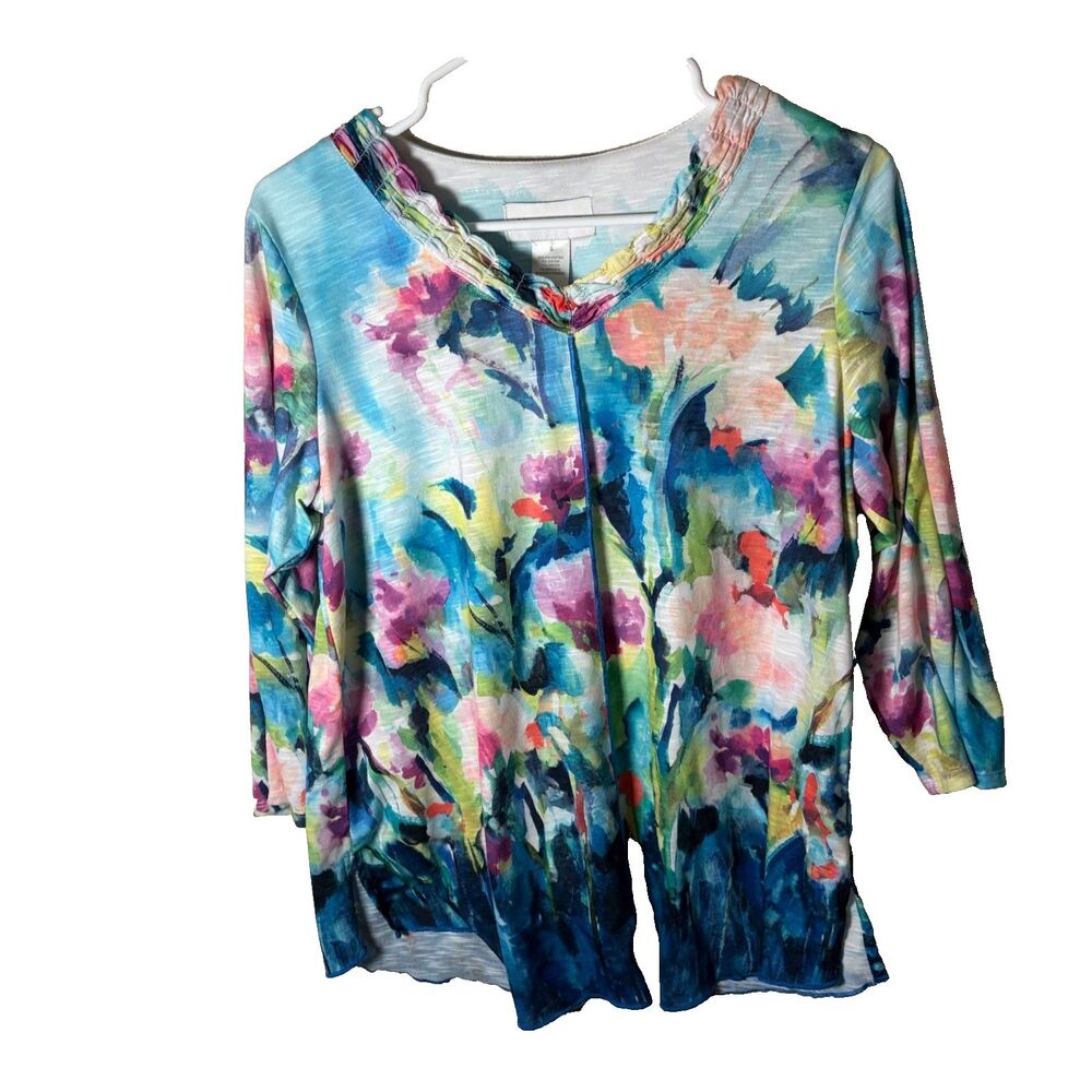 Alfred Dunner Blouse Women's Small V-Neck 3/4 Sleeve Watercolor Floral Top